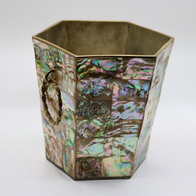 1960s 1960s Mid-Century Modern Mexican Brass & Mosaic Abalone Shell Hexagonal Ice Bucket For Sale - Image 5 of 10