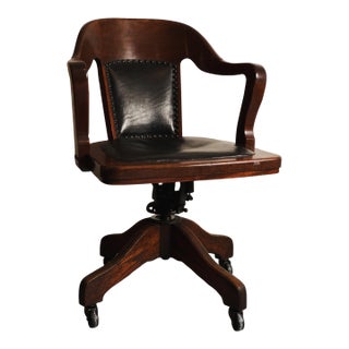 Early 1900's H. Ehrlich & Sons Wood & Black Vinyl Rolling Swivel Office Lawyer's Chair For Sale