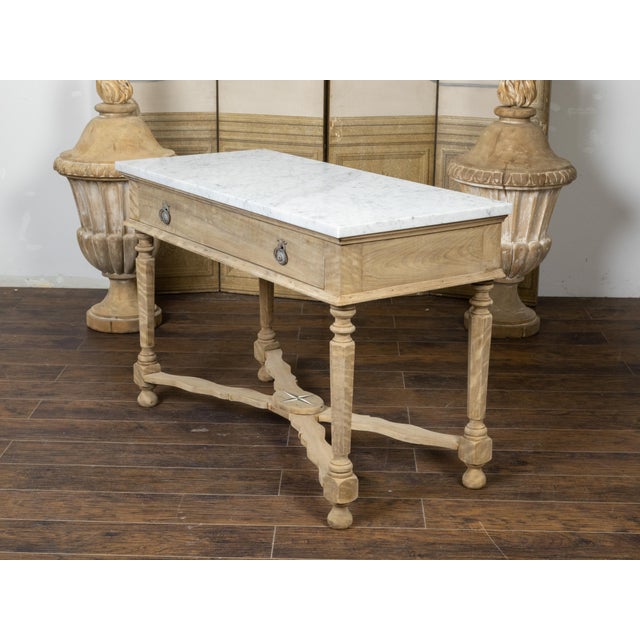19th Century, Bleached Walnut Console Table with White Marble Top, Faceted Legs For Sale In Atlanta - Image 6 of 12