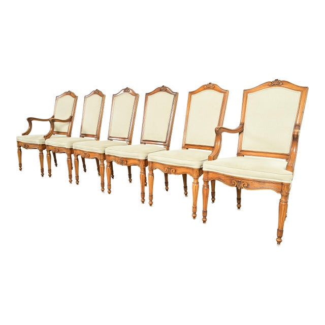 Baker Furniture Style French Regency Louis XVI Carved Walnut Dining Chairs, Set of Six For Sale