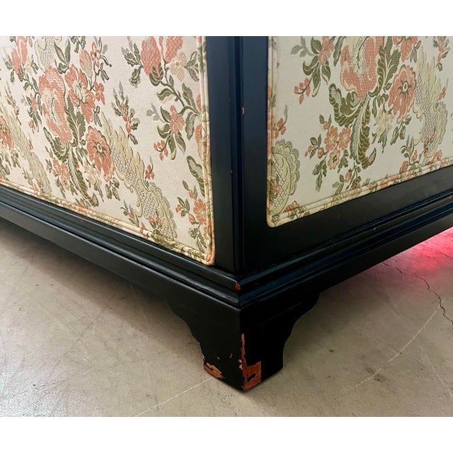 Vintage Chinoiserie Key City Custom Asian Style Black Lacquered Sofa With Floral Brocade Fabric For Sale - Image 10 of 12