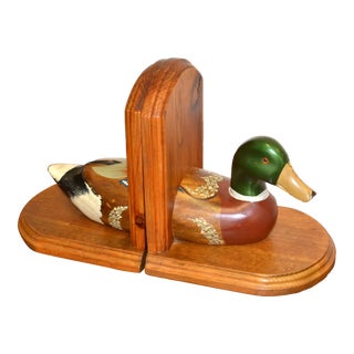 1970s Mid-Century Modern Handmade Male Mallard Duck on Oak Bookends - Set of 2 For Sale