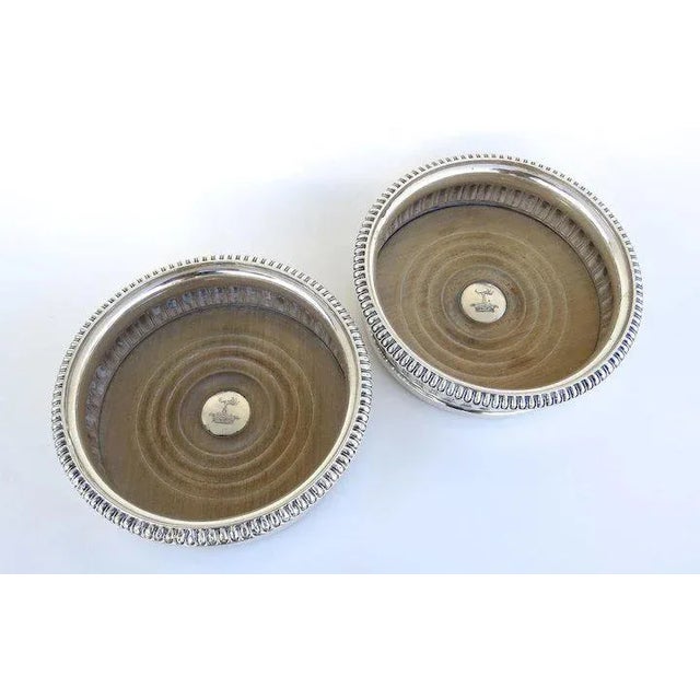 Traditional Early Sheffield Silver Wine Coasters with Silver Engraved Button and Gadrooned Border. - A Pair For Sale - Image 3 of 6