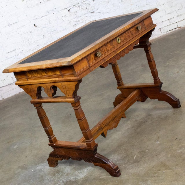 Victorian Late 19th Century Eastlake Victorian Style Ladies Writing Desk Walnut Burl and Faux Leather Top For Sale - Image 3 of 18