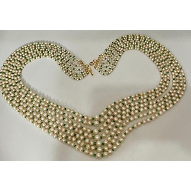 7Layer Fresh Water Pearl , Emerald Bead + 14K Spacer Clasp Opera Length Necklace For Sale - Image 12 of 18