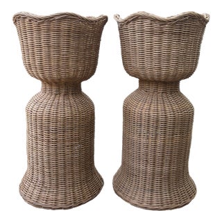 Contemporary Pedestal Based Natural Wicker Urn Planters With Scalloped Border- a Pair For Sale