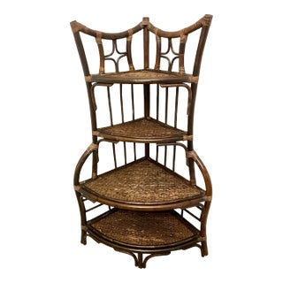 Vintage Boho Rattan Bamboo Corner Shelving Unit For Sale