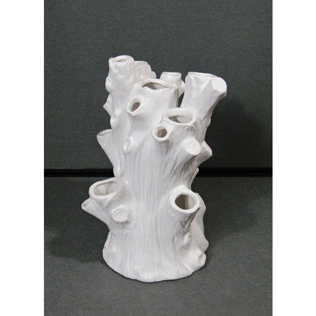 2000 - 2009 White Ceramic Faux Bois Tree Trunk Tulipiere Vase With 18 Openings Centerpiece For Sale - Image 5 of 10