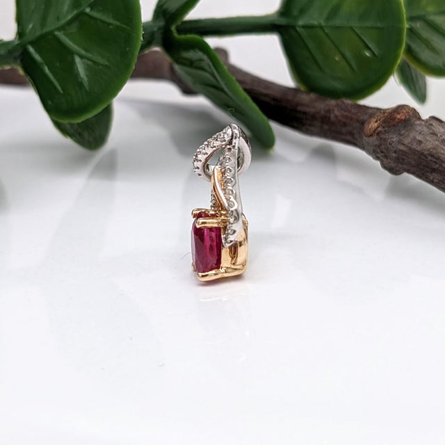 Red Ruby Pendant W Earth Mined Diamonds in Solid 14k Dual Tone Gold | Oval 6x4mm For Sale - Image 8 of 10