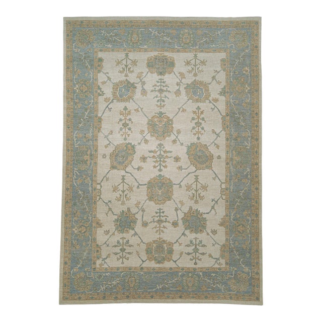 Turkish Oushak Rug Ivory and Sky Blue Handwoven Wool Rug 9'10" X 13'11" For Sale