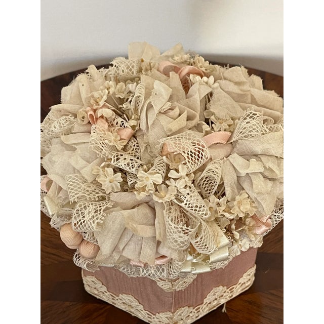Antique handmade hexagonal box with lace. Unique handcrafted vintage textile art.