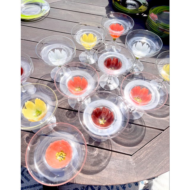 Glass Vintage Hand Painted Tulip Glass Shrimp Cocktail Set For Sale - Image 7 of 11