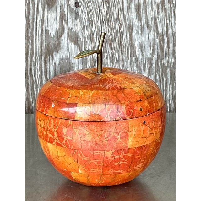 Postmodern Vintage Boho Maitland Smith Tessellated Stone Apple Lidded Box For Sale - Image 3 of 10