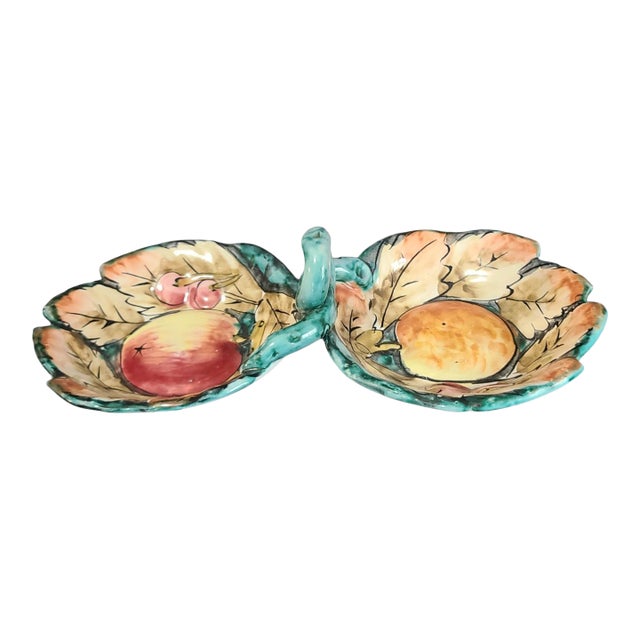 Vintage Italian Majolica Hand Painted Pottery 2 Compartment Handled Serving Dish For Sale