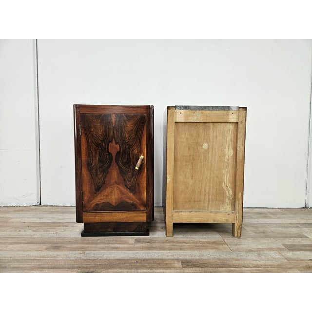 Art Deco Bedside Tables in Walnut Burl with Marble Tops, 1930, Set of 2 For Sale - Image 3 of 18