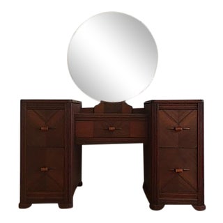 Art Deco Vanity & Round Mirror For Sale