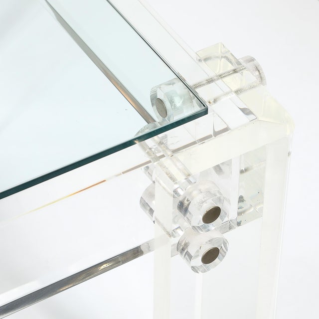 Pair of Mid-Century Modernist Rectilinear Lucite & Glass Side/End Tables For Sale - Image 4 of 18