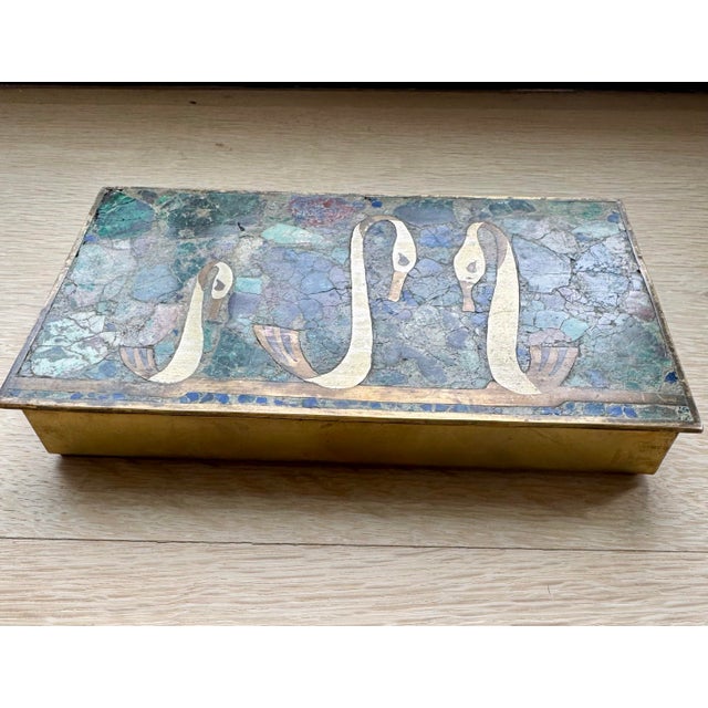 Wood Vintage Mexican Brass & Semiprecious Stone Mosaic Box With Stylized Swan Motif, in the Style of Los Castillo, Circa 1950s For Sale - Image 7 of 7