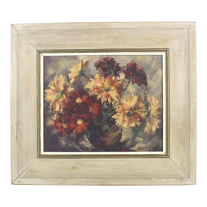 1970’s Silvia Clarke Signed Painting, Floral Still Life Framed Chrysanthemums