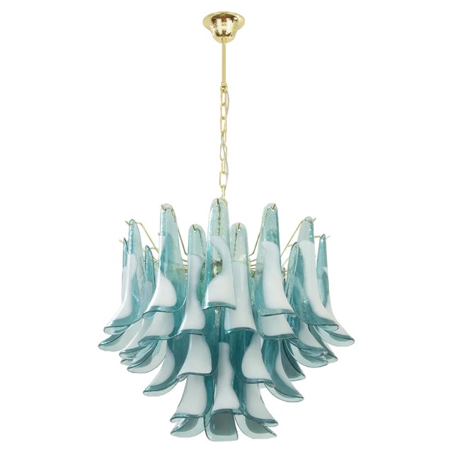 Murano Glass Blue and White Color Petal Suspension Lam, Italy, 1990s For Sale