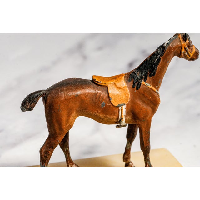 Charming Miniature Antique Austrian Cold Painted Cast Metal Horse Sculpture Statue Marble Base Equestrian Home Decor For Sale - Image 11 of 16