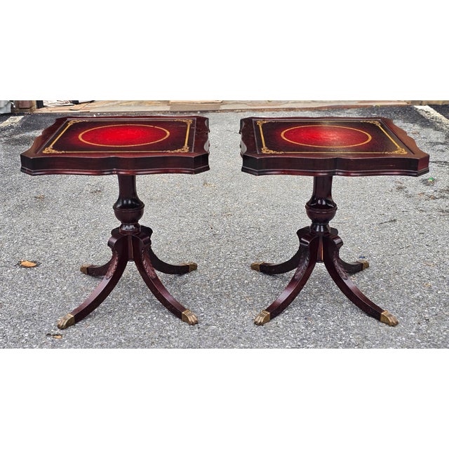 Traditional Louis Scalera English Regency Mahogany and Tooled Leather Pedestal Side Tables - a Pair For Sale - Image 3 of 10
