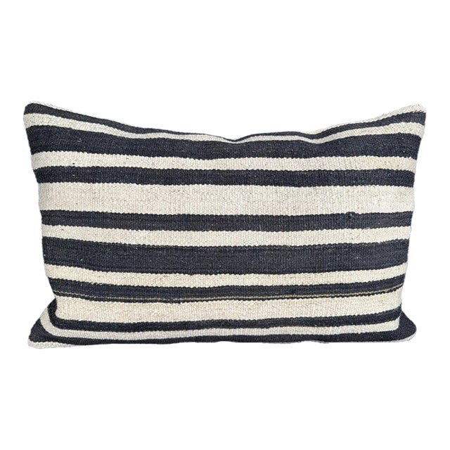 Turkish Hemp Pillow Cushion Natural Beige Black Pillow Cushion Cover 16" x 24" For Sale