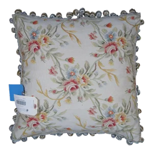 Mid 20th Century Silk Down Filled Floral Embroidered Tassel Lumbar Throw Pillow Cushion