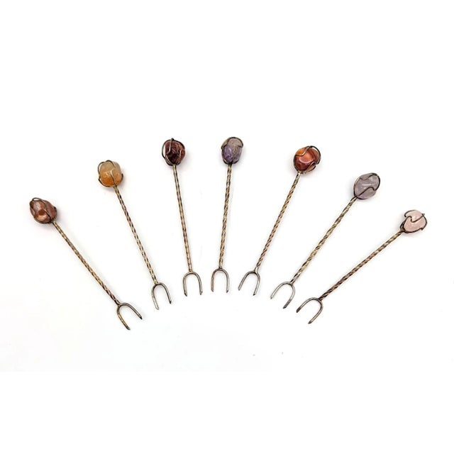 Offered is a set of seven Mid 20th Century low-grade silver and mixed metal appetizer / snack food / hors d'oeuvres picks...