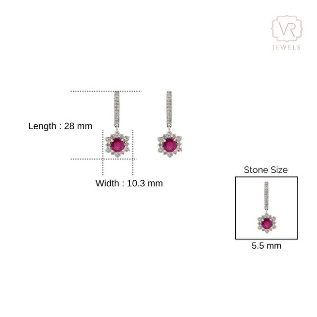 Ruby Red Vintage-Inspired 14k White Gold Drop Earrings With 1.7 Ct Ruby & Diamond Halo- A Pair For Sale - Image 8 of 11