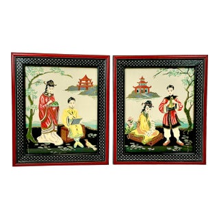 1950s Vintage Chinoiserie Boho Chic Japanese Watercolor Paintings, Artist Signed - A Pair. For Sale