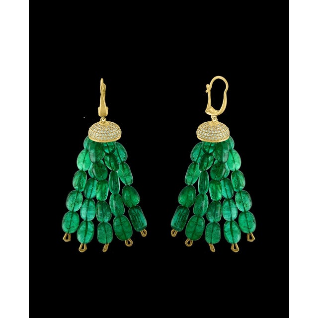 Contemporary 150 Carat Emerald Beads and Diamond Hanging/ Drop Earrings 14 Karat Yellow Gold For Sale - Image 3 of 18