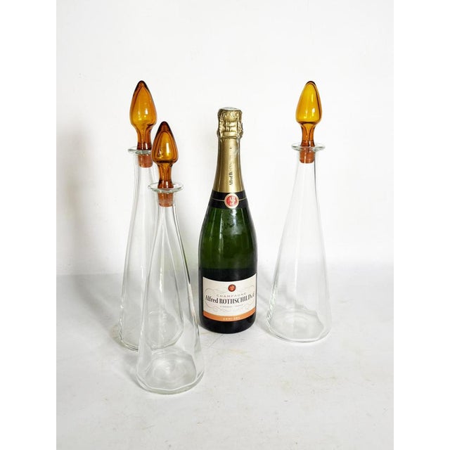 Vintage Art Glass Bottles with Orange-Brown Stoppers, France, 1970, Set of 3 For Sale - Image 3 of 11