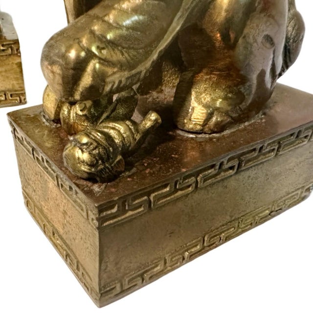 Mid 20th Century Pair of Vintage Chinese Brass Clad Temple Foo Dogs Fu Lions Figurines Bookends For Sale - Image 5 of 7