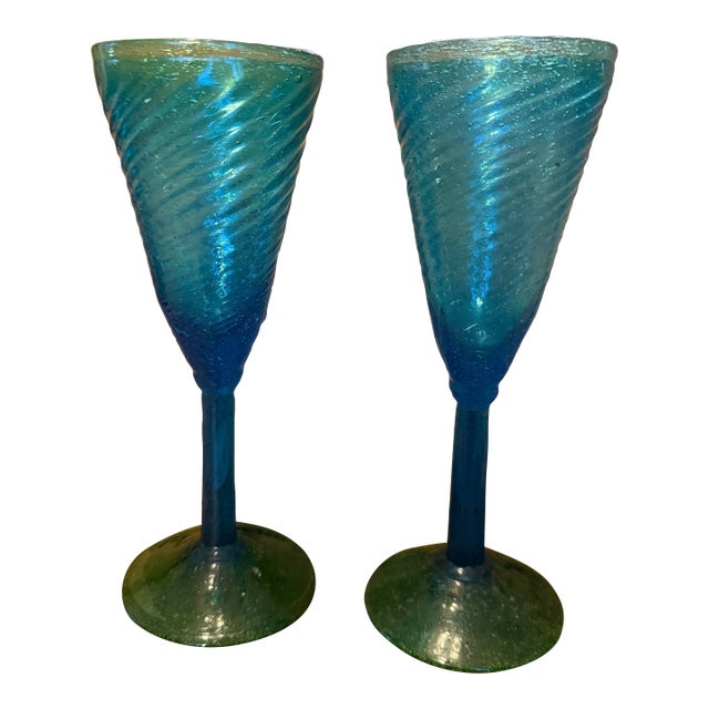 Vintage Glasses Mexican Hand Blown Blue Green Wine Glass Goblets Swirl Pattern 8.5” - a Pair For Sale