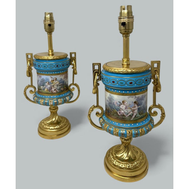 Stunning and imposing Pair French Sevres soft paste Porcelain and Ormolu Twin scrolling Handle Electric Table Lamps of...