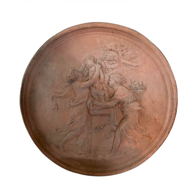 This exquisite vintage terracotta wall plaque features a masterfully executed Neoclassical relief scene in the round. The...