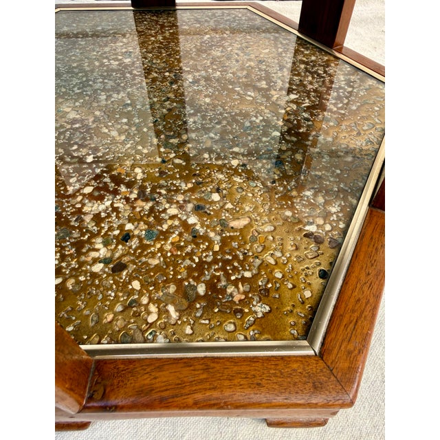 1970s John Keal for Brown Saltman Two-Tier Hexagonal Side Table With Stone Inset For Sale In Los Angeles - Image 6 of 11