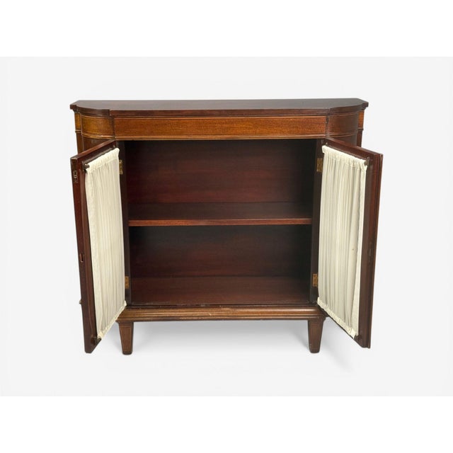 Wood English Regency, Demilune Cabinets, Mahogany, Brass, Fabric, England, 20th C. For Sale - Image 7 of 14