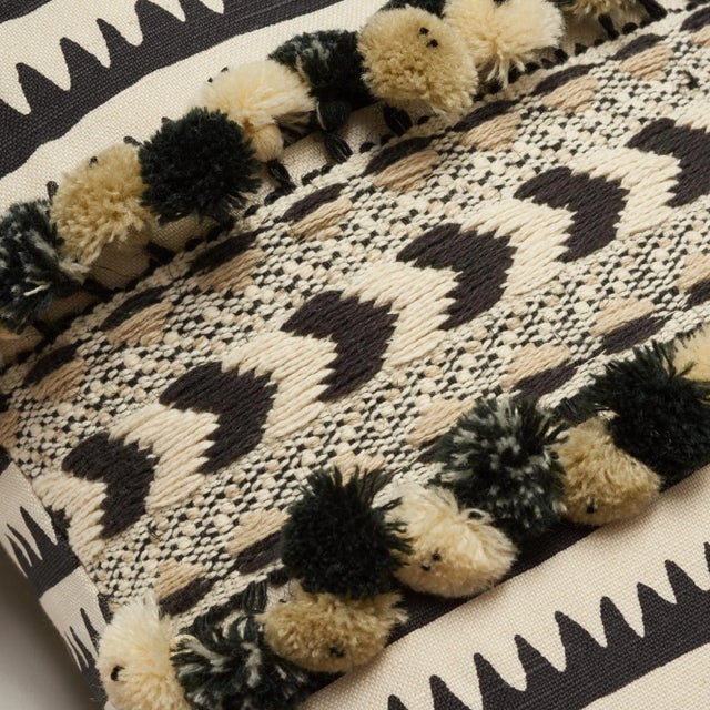 Boho Chic Boho Chic Schumacher Corfu Stripe Black Linen Cotton Two-Sided Pillow With Maracana Pom Tape For Sale - Image 3 of 7