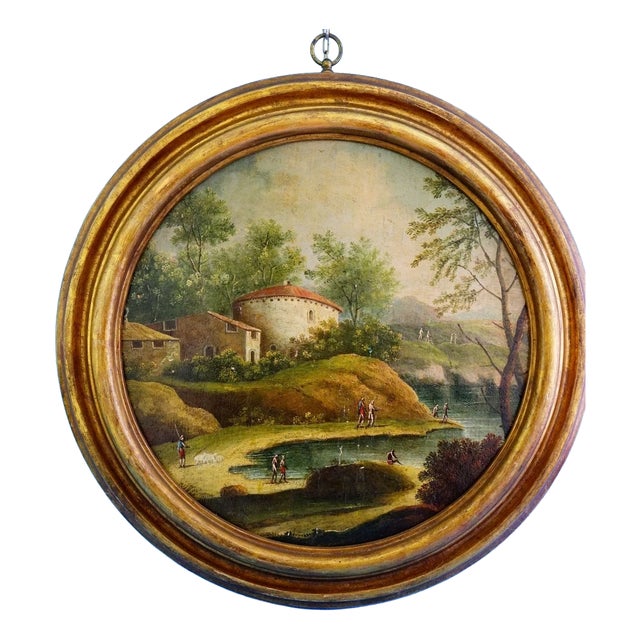 Lake Landscape, 18th Century, Oil Painting on Circular Panel, Framed For Sale