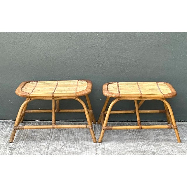 Vintage Rattan Low Stools - Pair For Sale In West Palm - Image 6 of 12