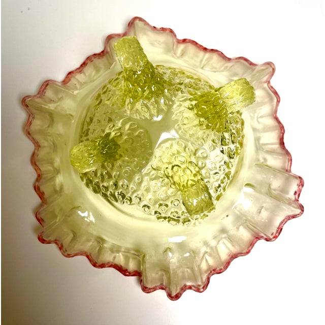 Glass Antique Northwood Fancy Fantails Vaseline Glass Bowl With Cranberry Frit Rim For Sale - Image 7 of 8