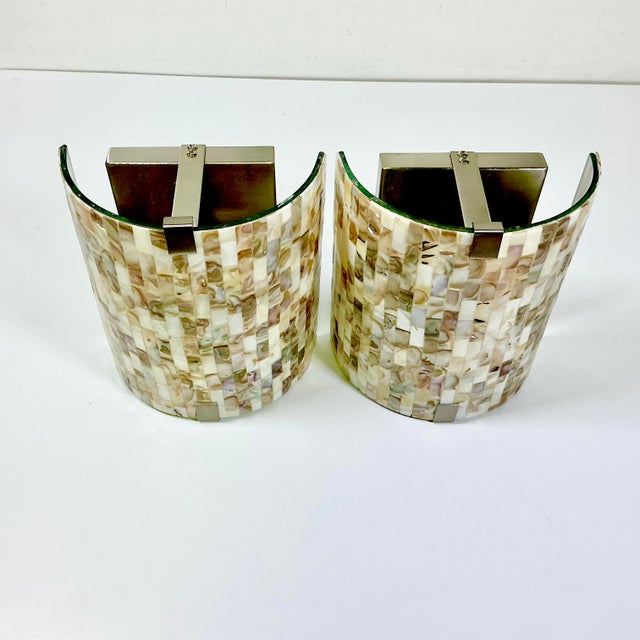 Almond 1980s Vintage Boho Chic Coastal Capiz Shell Mosaic Chips on Arched Glass Wall Sconces - A Pair For Sale - Image 8 of 14