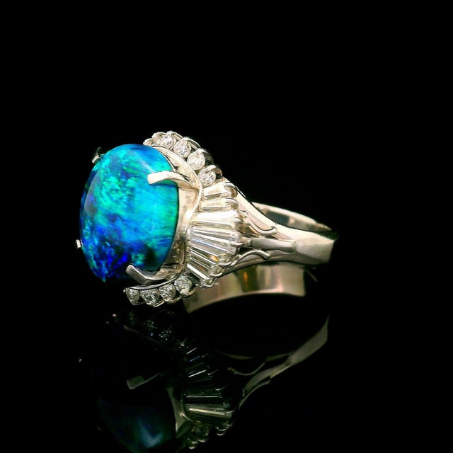 Early 21st Century 5.62 Carat Australian Black Opal Diamond Platinum Ballerina Ring, Size 6 For Sale - Image 5 of 5
