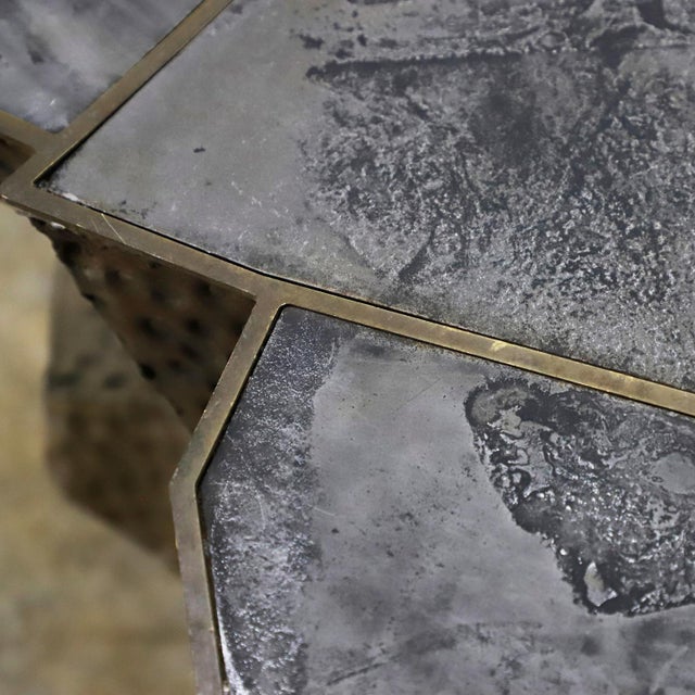 Circa 1960. We offer this Rare Handmade Brutalist Side Table. made in brass and solid iron plates on the table cover....