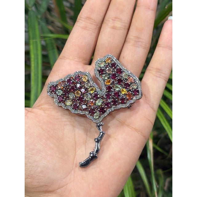 Ruby Red Tutti Frutti 8Ct Multi Gem & Diamond Ginkgo Leaf Brooch Pendant in Oxidized Sterling Silver For Sale - Image 8 of 14