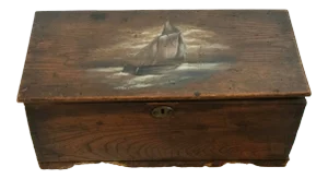 19th Century English Dovetail Box With Ship Painting and Secret Draw