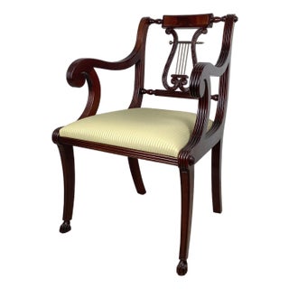 Vintage Mahogany Lyre-Back Armchair With Elegant Carved Details For Sale