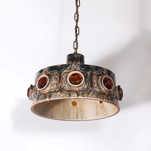 Glass Mid-Century Cool Umber Glazed Ceramic Pendant Chandelier With Amber Glass Detail For Sale - Image 7 of 15